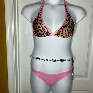 Bikini Bathing Suit Leopard & Pink -New- Size Small Petite